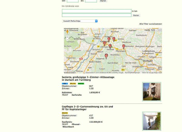Günter Immobilien - "Ausführliche Suche" Unterseite mit Kartenansicht