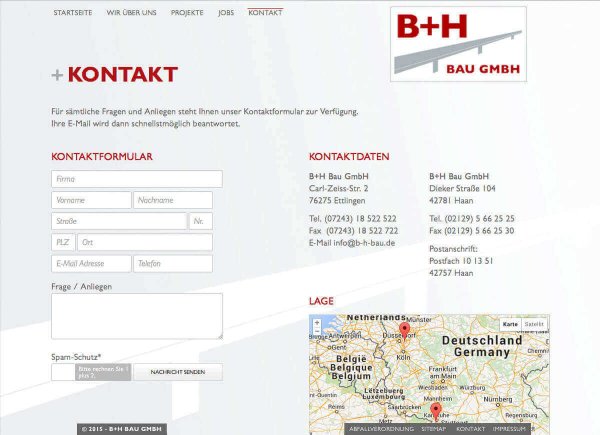 B+H Bau GmbH - Unterseite "Kontakt"