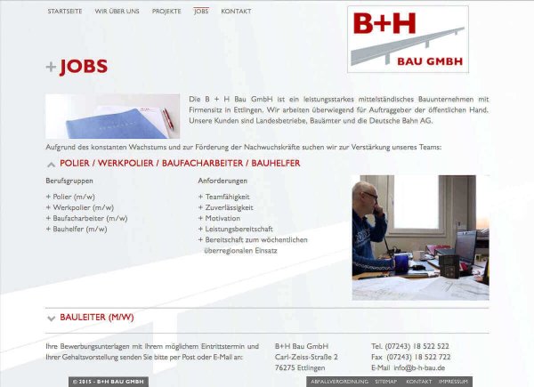 B+H Bau GmbH - Unterseite "Jobs"