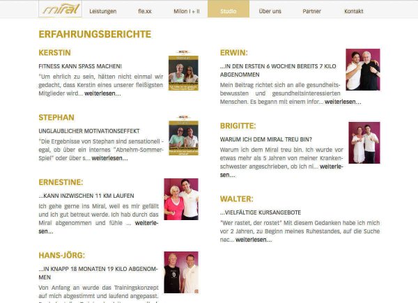Fitnessclub Miral - Unterseite "Erfahrungsberichte"